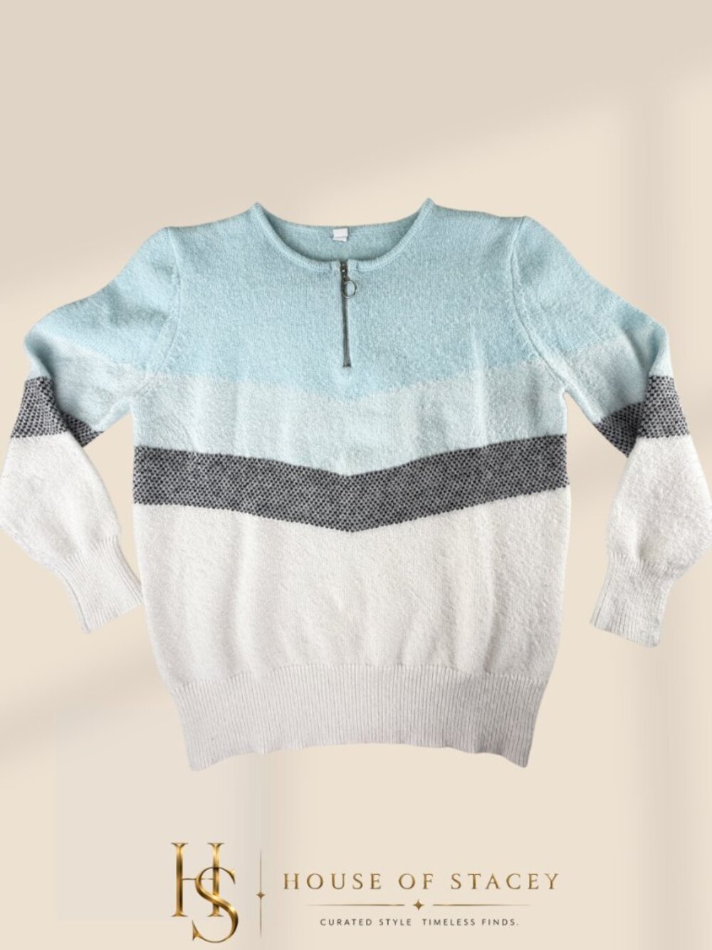 Sweater Blue and White Sweater with Zipper Detail